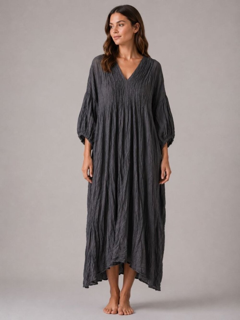 NEW Women’s Boho Crinkle Cotton Maxi Dress Dark Gray Lagenlook Oversized V-Neck